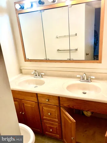 a bathroom with a sink a toilet and a mirror