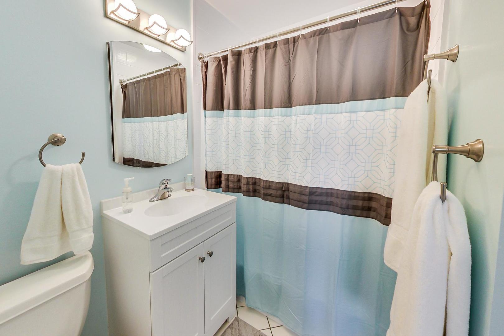 10729 Rutherford Avenue Worth, IL 60482 - Photo 15 of 22 a bathroom with a sink a mirror and shower curtain