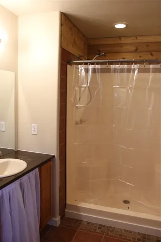 a bathroom with a shower and a sink