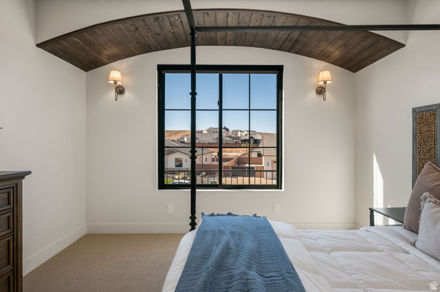 4871 South Homestead Way Washington, UT 84780 - Photo 77 of 151 Bedroom featuring a barrel ceiling, light carpet, and wood ceiling