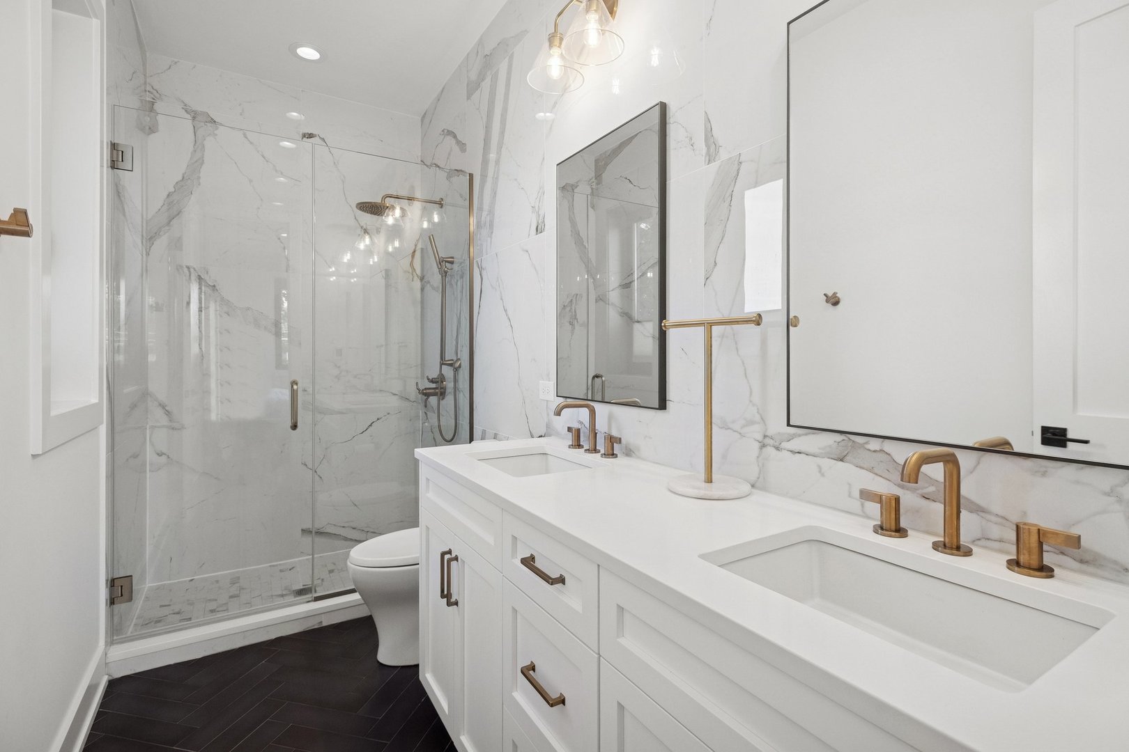 2622 North Racine Avenue, Unit 3 Chicago, IL 60614 - Photo 13 of 28 a bathroom with a double vanity sink mirror double and shower
