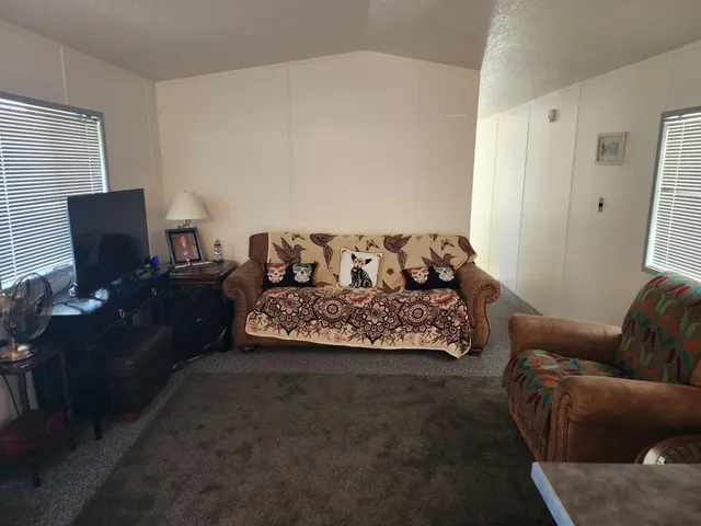 a living room with furniture rug and lamp