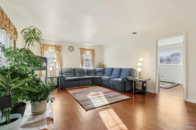 a living room with furniture and a potted plant