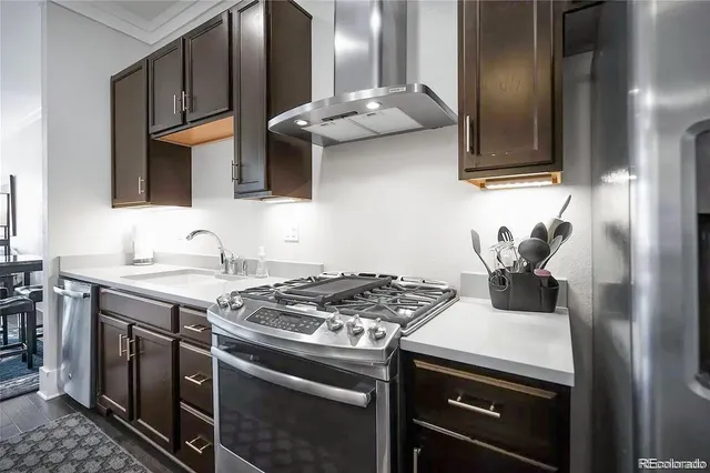 a kitchen with stainless steel appliances granite countertop a stove and a sink