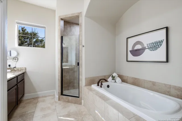 a bathroom with a bathtub and a shower
