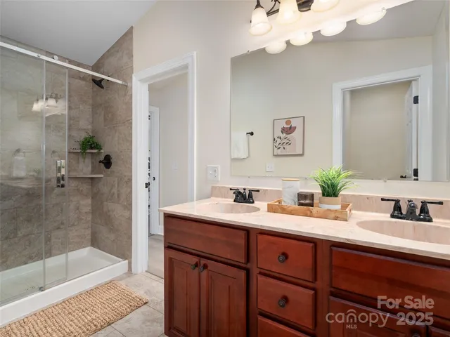 a bathroom with a sink a shower and a mirror