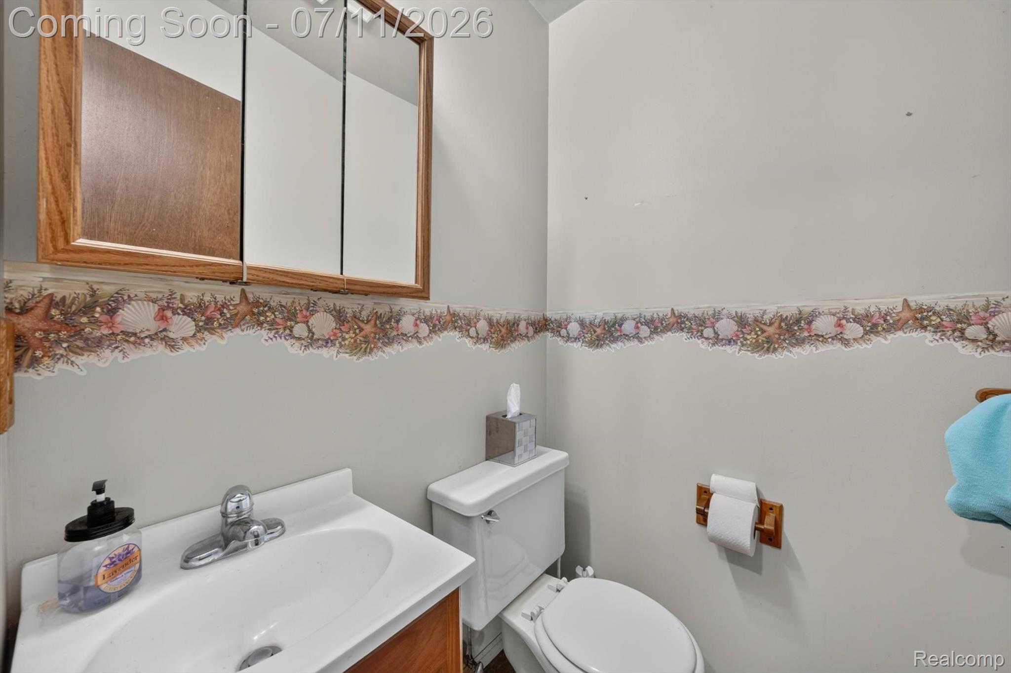 4430 North Center Road Flint, MI 48506 - Photo 14 of 49 White pedestal sink with chrome faucet, wood-finish vanity, and a wood-framed medicine cabinet
