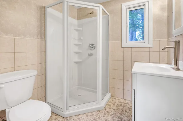 a bathroom with a shower a toilet and a sink