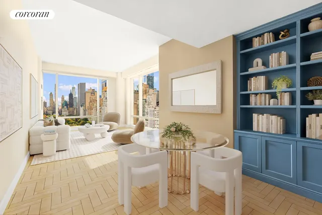 a living room with furniture and a book shelf