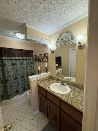 a bathroom with a granite countertop sink a mirror and shower