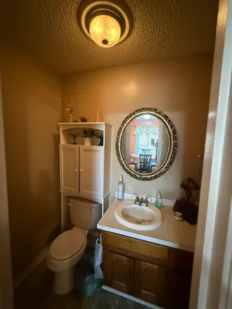 a bathroom with a sink mirror and toilet