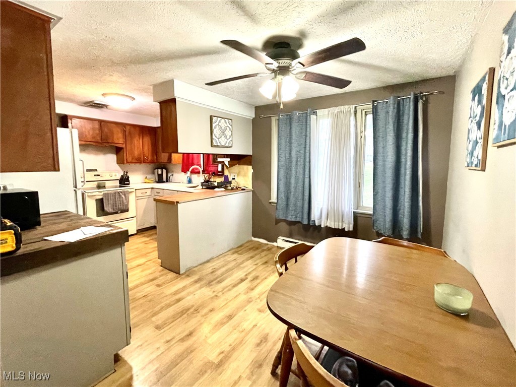 9810 Ziegler Road Hanoverton, OH 44423 - Photo 2 of 18 Kitchen featuring white electric range oven, a peninsula, a baseboard radiator, ceiling fan, and light wood-type flooring