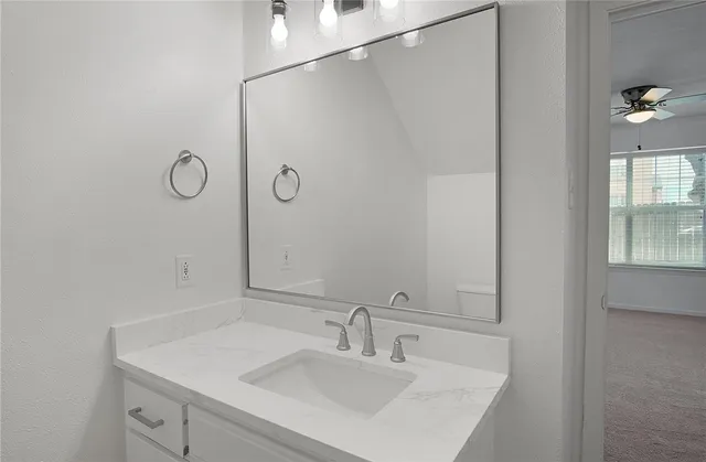 a bathroom with a sink vanity and a mirror