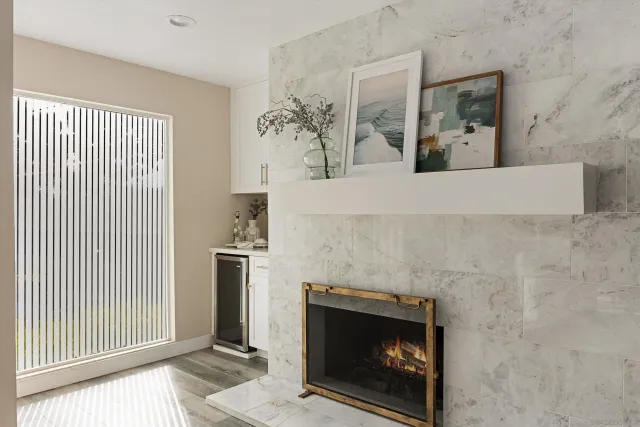 a living room with a fireplace