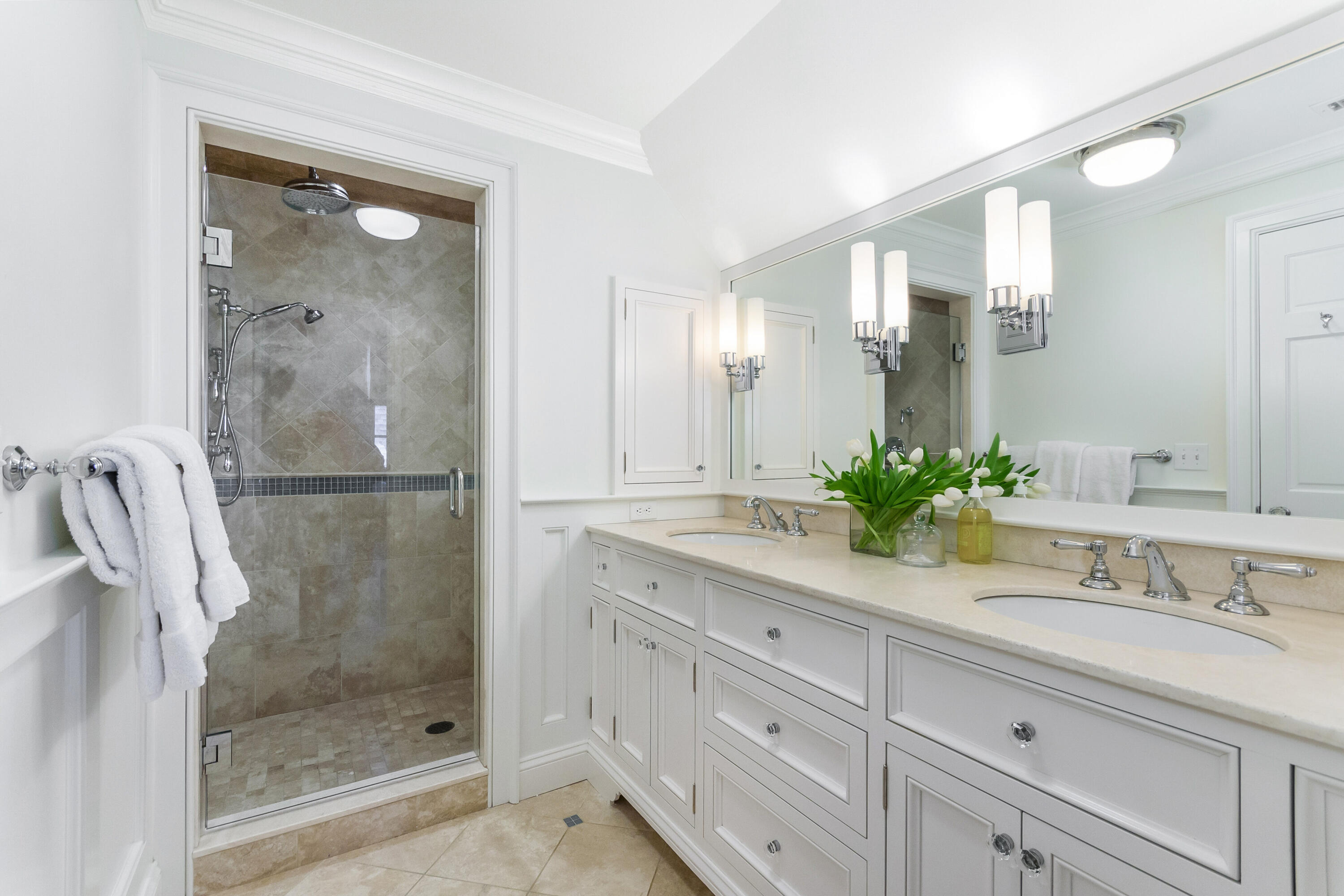 9 Sylvan Road Darien, CT 06820 - Photo 24 of 39 a bathroom with a granite countertop sink mirror and shower