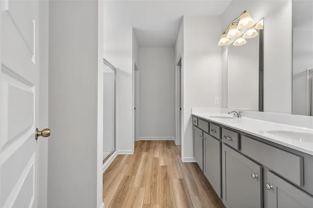a bathroom with a sink and a mirror