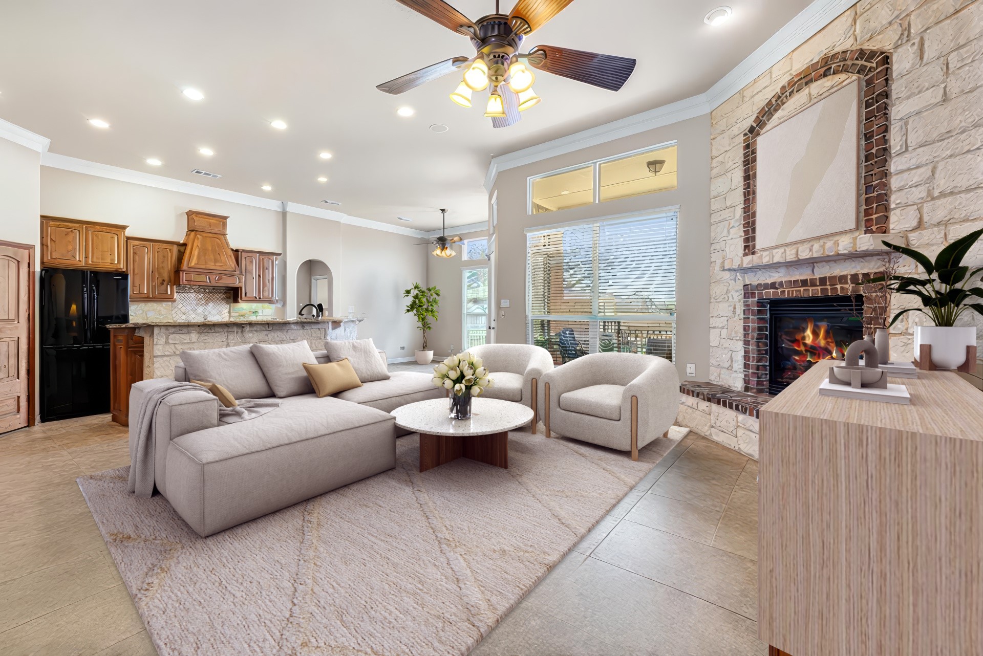 a living room with furniture and a fireplace
