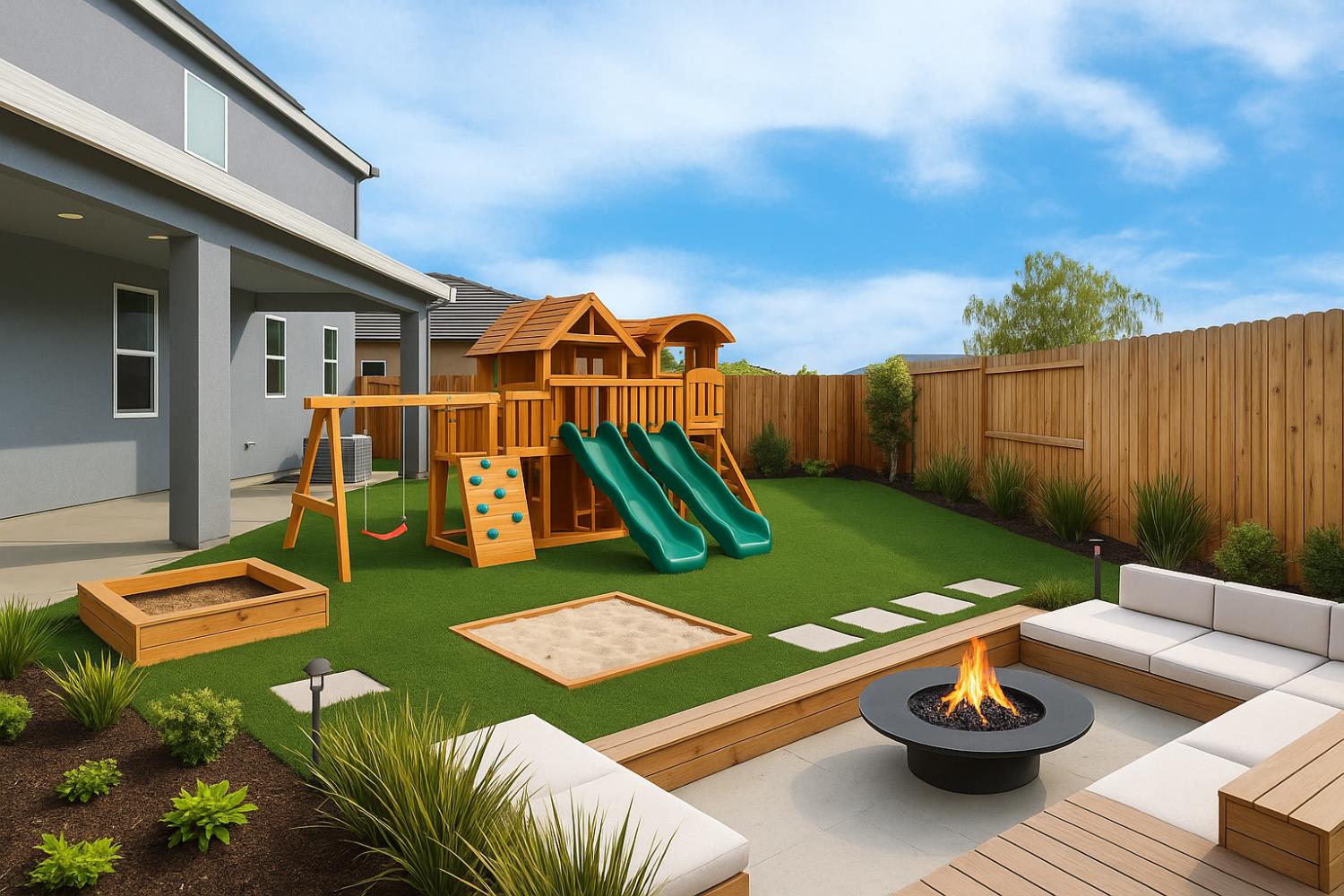 2291 Paramount Lane Manteca, CA 95337 - Photo 16 of 32 a view of a backyard with furniture and a fire pit