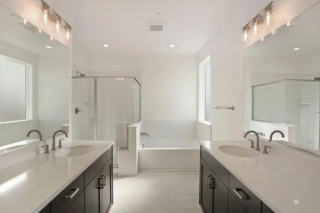 a bathroom with a sink double vanity and a tub