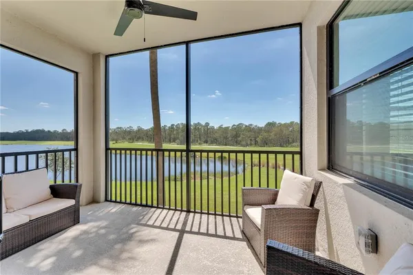 a balcony with furniture