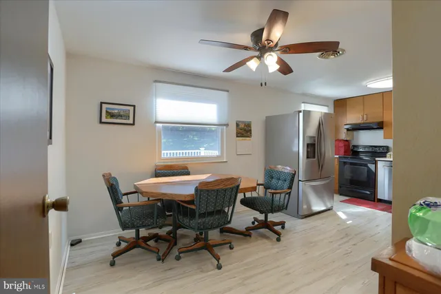 a workspace with chandelier