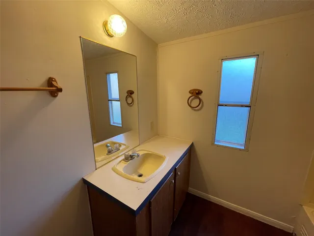 a bathroom with a sink mirror and vanity