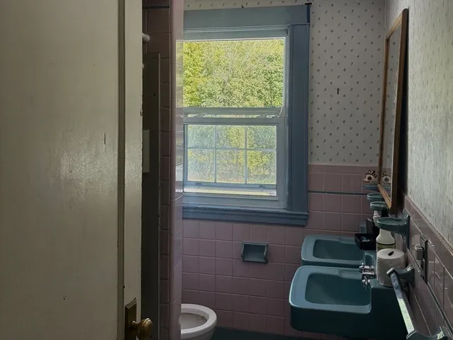 a bathroom with a sink a toilet and a mirror