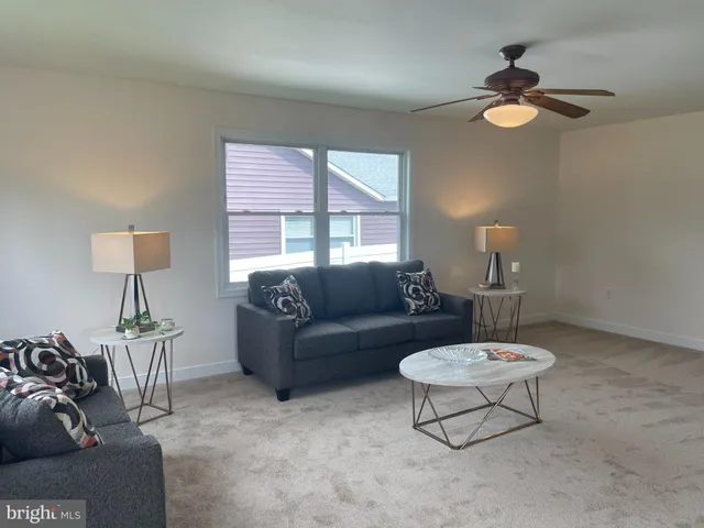 a living room with furniture a lamp a rug and a window