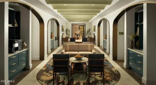 a dining room with furniture and wooden floor