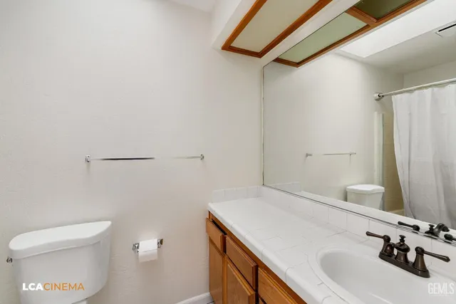 a bathroom with a sink a toilet and a mirror