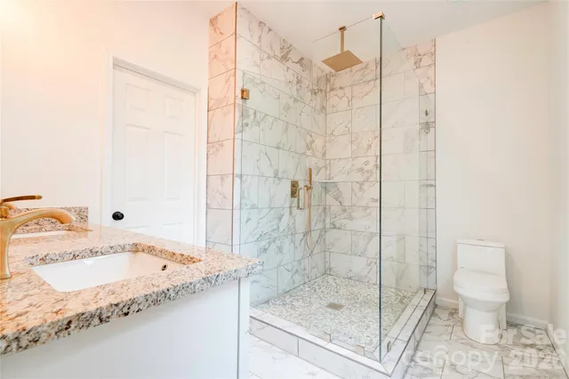 a bathroom with a granite countertop sink and a toilet