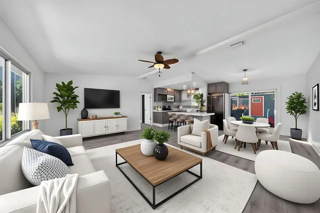 a living room with furniture potted plant and a flat screen tv