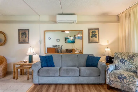 a living room with couches and a potted plant on a dresser