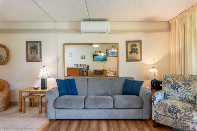 a living room with couches and a potted plant on a dresser