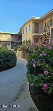 a front view of a house with a yard and potted plants
