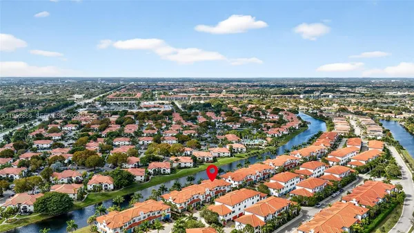 an aerial view of residential houses with outdoor space