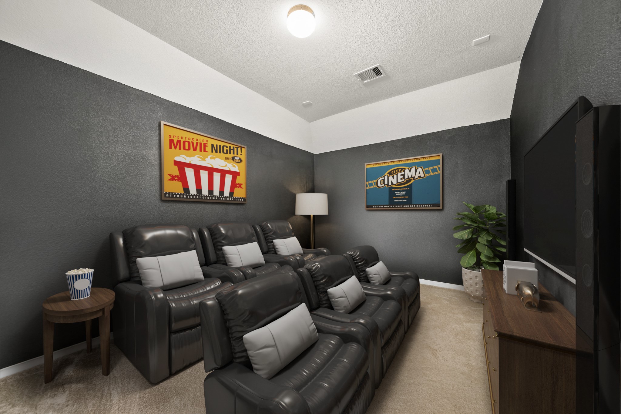 8802 Mallow Rose Way Rosharon, TX 77583 - Photo 22 of 29 Virtually Staged: No need to go to the movie theater with this fantastic media room! Featuring a high ceiling, and carpet floors. Prepare for the ultimate home viewing experience!