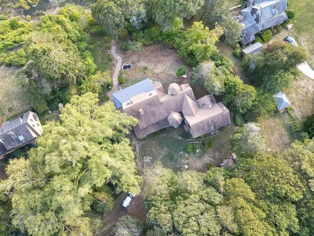 an aerial view of a house with a yard and large trees