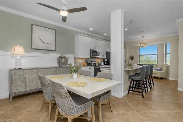 a view of a dining room with furniture