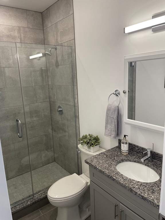 52 Washington, Unit 302 Chelsea, MA 02150 - Photo 8 of 12 a bathroom with a granite countertop sink toilet a mirror and shower