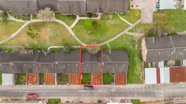an aerial view of a swimming pool