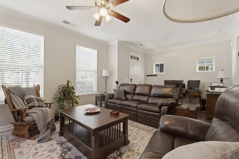 a living room with furniture potted plant and a large window