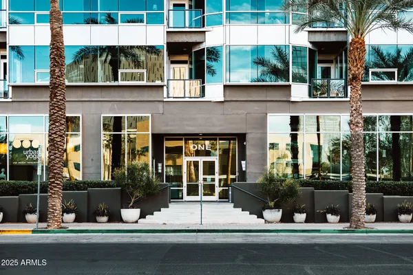 front view of a building with a street