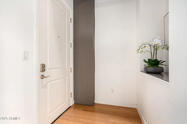 a view of a hallway with wooden floor and closet