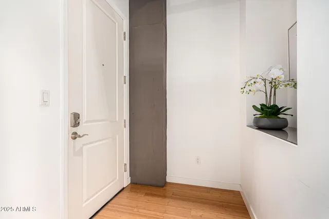 a view of a hallway with wooden floor and closet