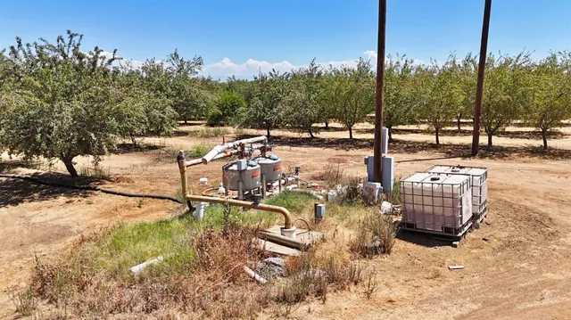 a view of a garden with a building in the background