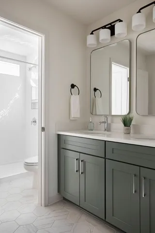 a bathroom with a double vanity sink and mirror