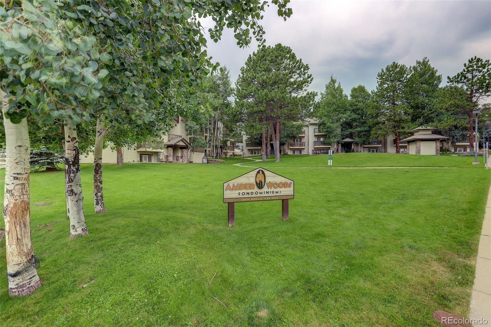 29656 Buffalo Park Road, Unit 209 Evergreen, CO 80439 - Photo 19 of 22 a wooden bench sitting in the grass near a tree