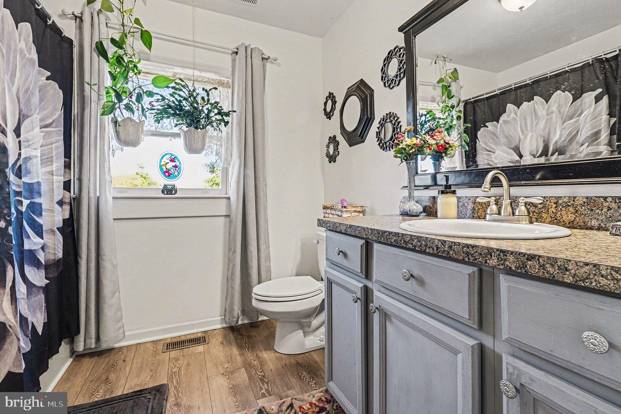 2033 Courthouse Road Heathsville, VA 22473 - Photo 20 of 50 a bathroom with a granite countertop sink a toilet and a mirror