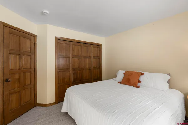 a bedroom with a bed and a shower